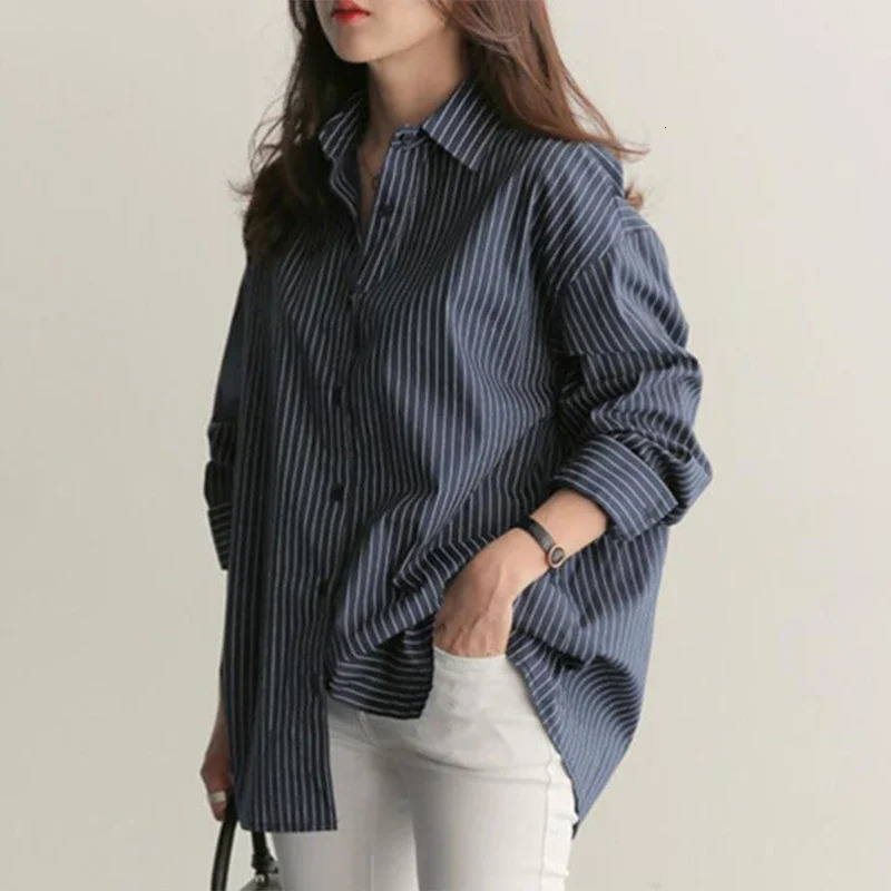 Women Shirt Stripes Blouse Lady Loose Long Sleeve Oversized Shirt Casual Spring Autumn Female Street Shirts 250122