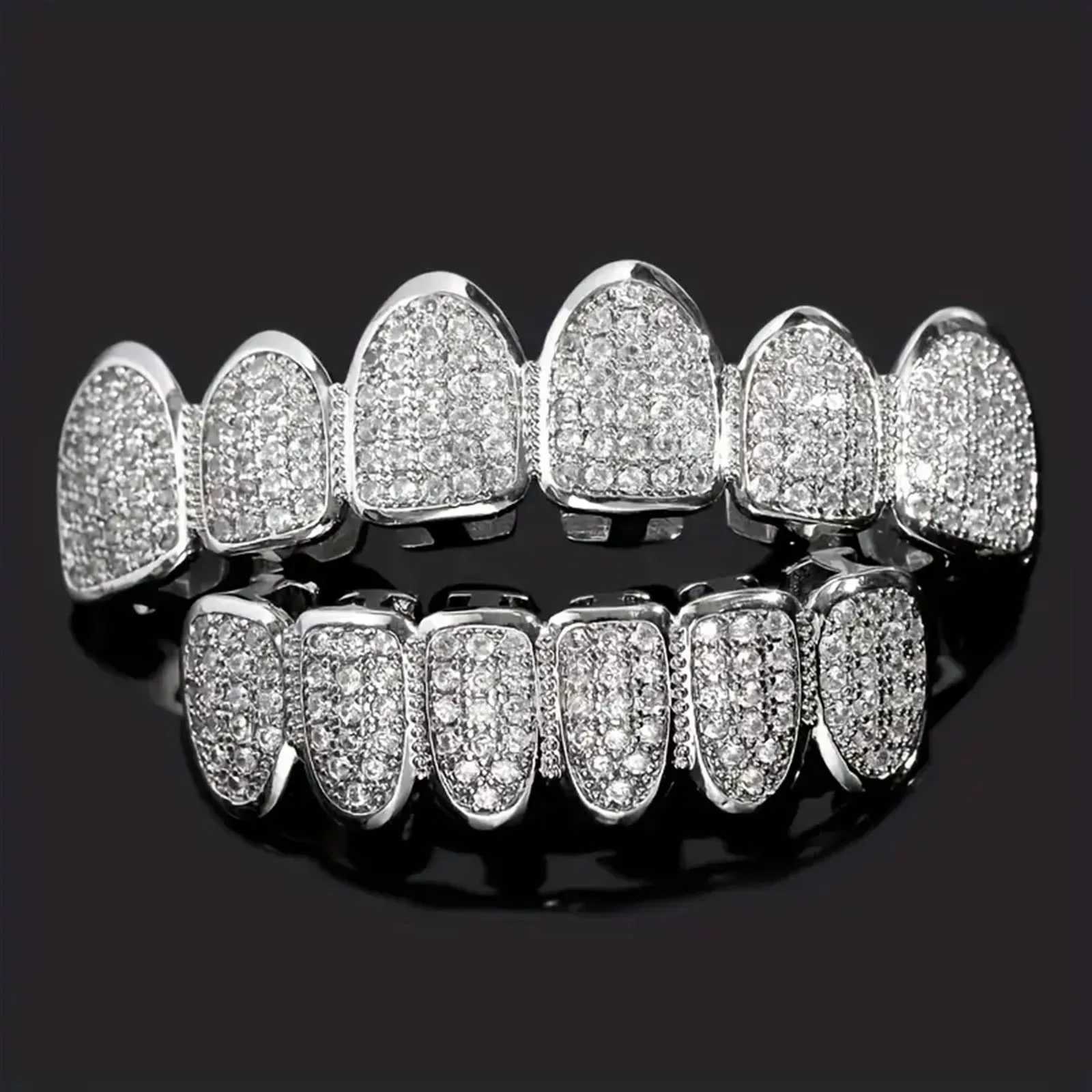 1set Hip Hop Full Iced Out Teeth Grillz Gold Plated Dental Grills Tooth Grillz Caps Crystal Teeth Caps Halloween Vampire ToothXJ250114