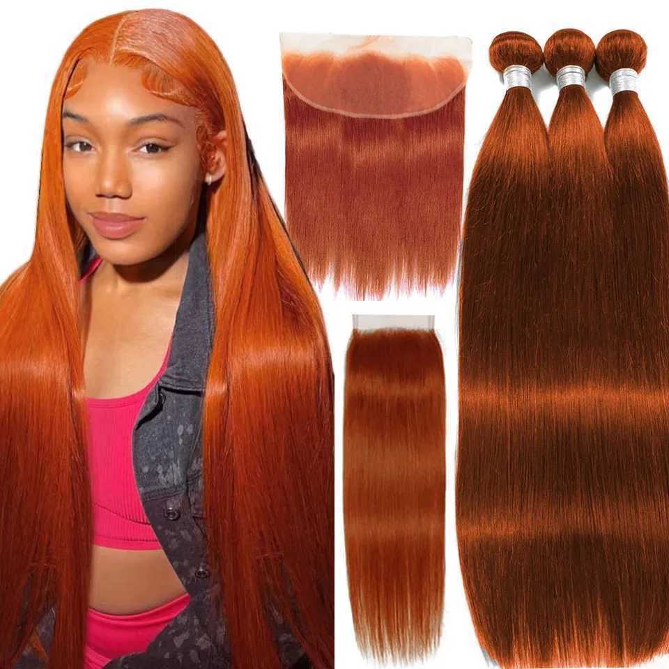 Cheap 8-30 #350 Ginger Straight Human Hair Bundles With Clo Frontal Brazilian Virgin Human Hair Weave Bundles And CloXJ250120