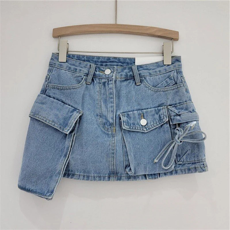 Irregular Pocket Cargo Denim Skirt Women Clothing Summer Fashion Sexy A-line Hip Skirts Female Bottoms Club Streetwear 250118