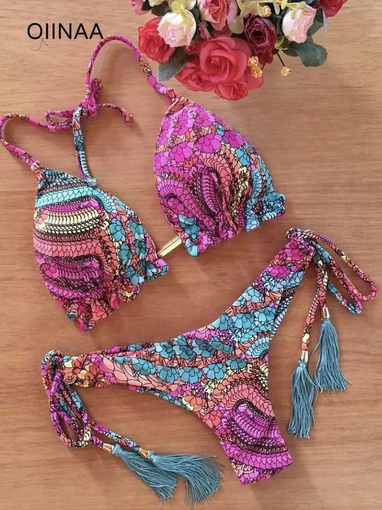 OIINAA Swimsuit Women Print Sexy Bikinis Set 2024 Lace Up Beachwear Summer Swimwear Fe Two-pieces Thong Swim Bathing SuitsXJ250120