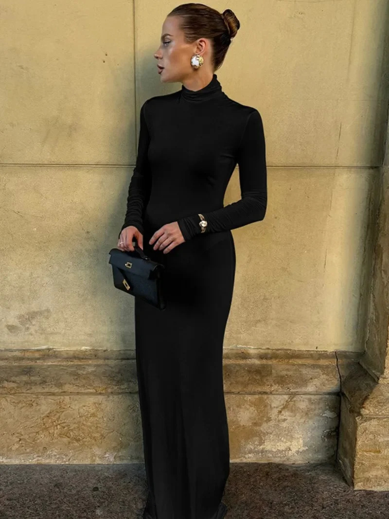 Woman Clothing Turtleneck Long Maxi Dress Streetwear 2024 Autumn Female Long Sleeve Bodycon Solid White Evening Party Dresses 250122