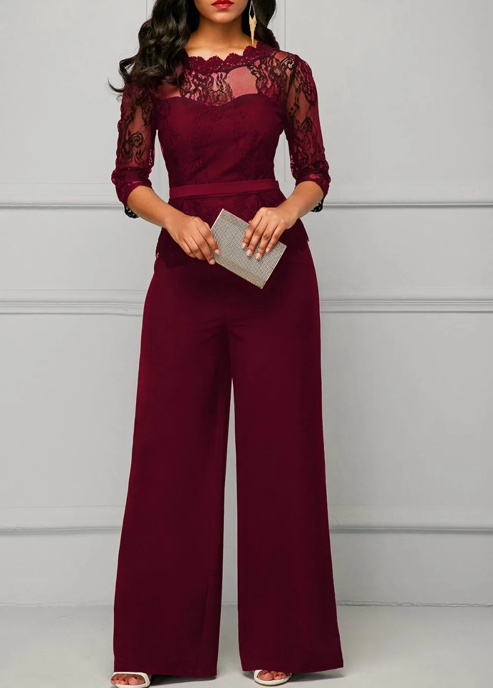 Elegant Sexy Jumpsuits Women Long Sleeve Lace Patchwork Jumpsuit Loose Trousers Wide Leg Pants Rompers Holiday Black Overalls 250109