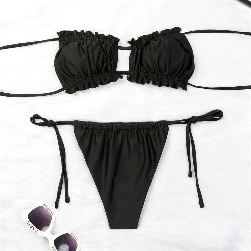 Black String Bikini Push Up Bandeau Swimsuit Ruched Pleated Vacation Swimwear Backless Beach Outfit Women Bathing Suit Sexys SetXJ250120