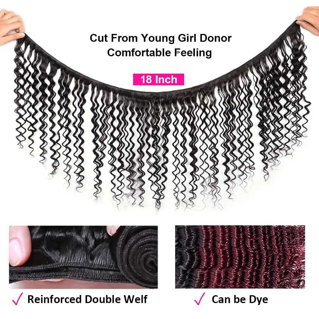 Deep Wave Human Hair Bundles with Clo 100% Unprocessed Virgin Human Hair 3 Bundles With Transparent Lace Frontal Natural 1BXJ250120