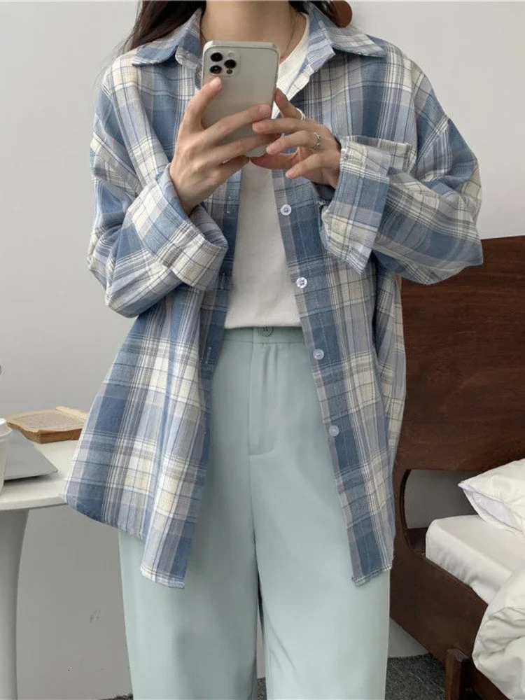 Casual Long Sleeves Autumn Blouse Korean Mid Length Loose Women Winter Plaid Shirt Female Fashion Turn Down Collar Tops 250121