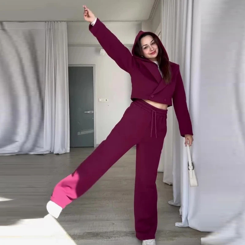 Street 2 Piece Set Outfit Spring Autumn Clothe Button Hooded TopPant Sets Casual Tracksuits Women Sweatsuit 250113