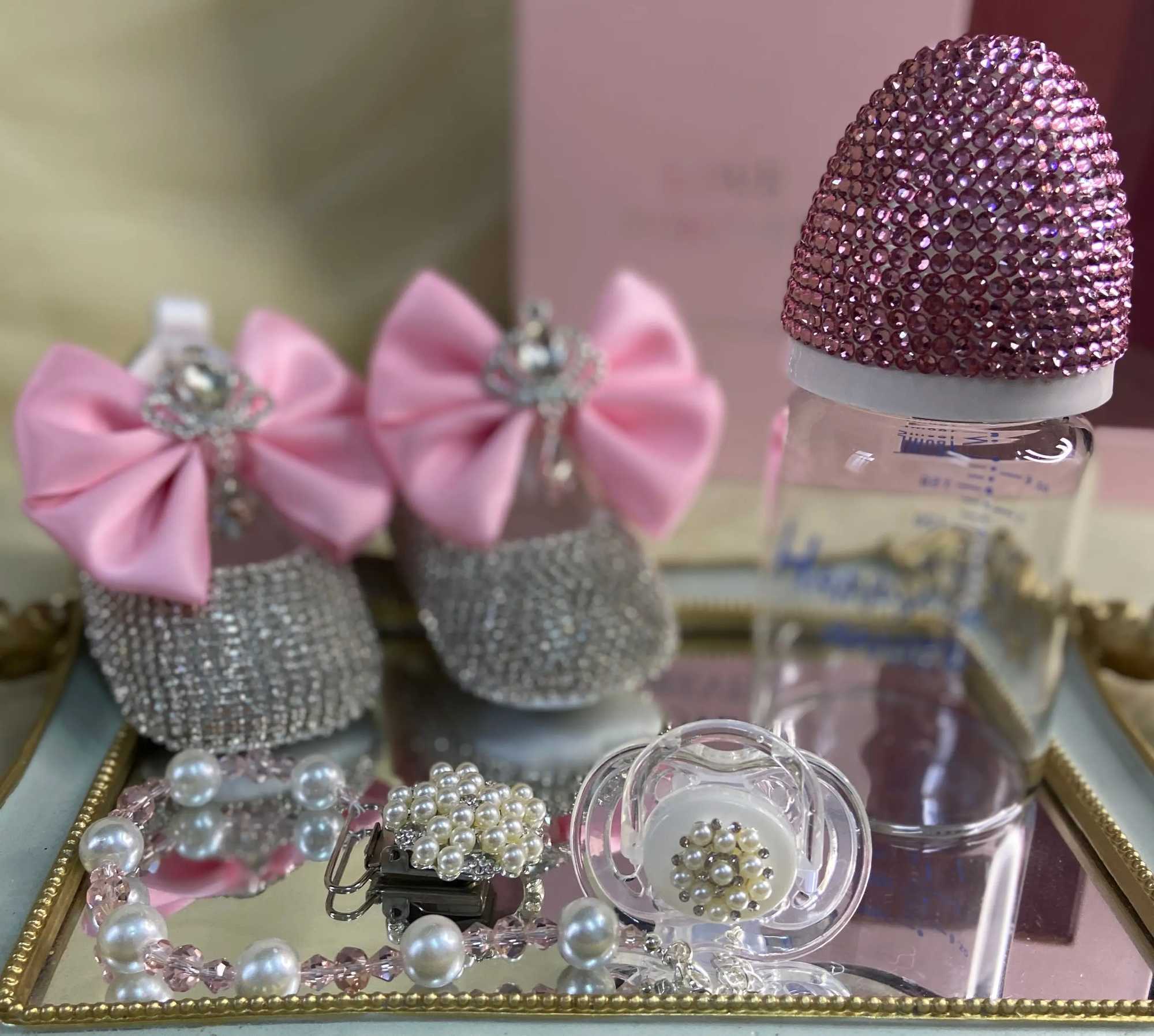 Dollbling Luxury Baby Bottles and Shoes Headband Set Keepsake Diamond Tutu Outfit Red Bottom Little Girl Baptism Shoes X250129
