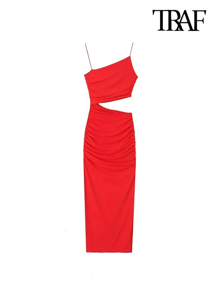 TRAF Women Fashion With Gathered Hollow Out Midi Dress Sexy Asymmetric Neck Thin Straps Female Dresses Vestidos Mujer 250121