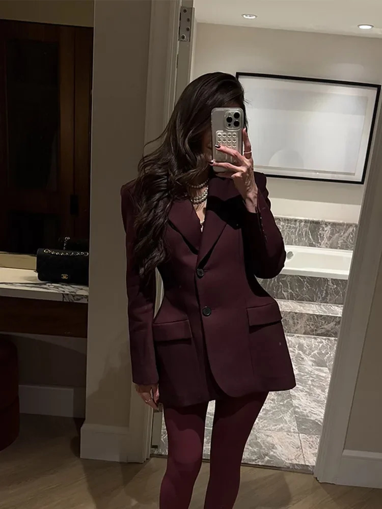 Fashion Casual Burgundy Red Women Slim Blazer Jackets Elegant Lapel Single Breasted Long Sleeved Padded Shoulder Suit 250122