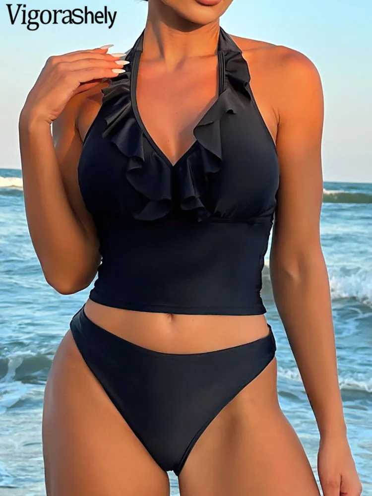 Vigoashely 2025 Sexy Ruffle Halter Bikini Women Solid Push Up Swimsuit Lady Backless Swimwear Backless Summer Beach Bathing SuitXJ250120