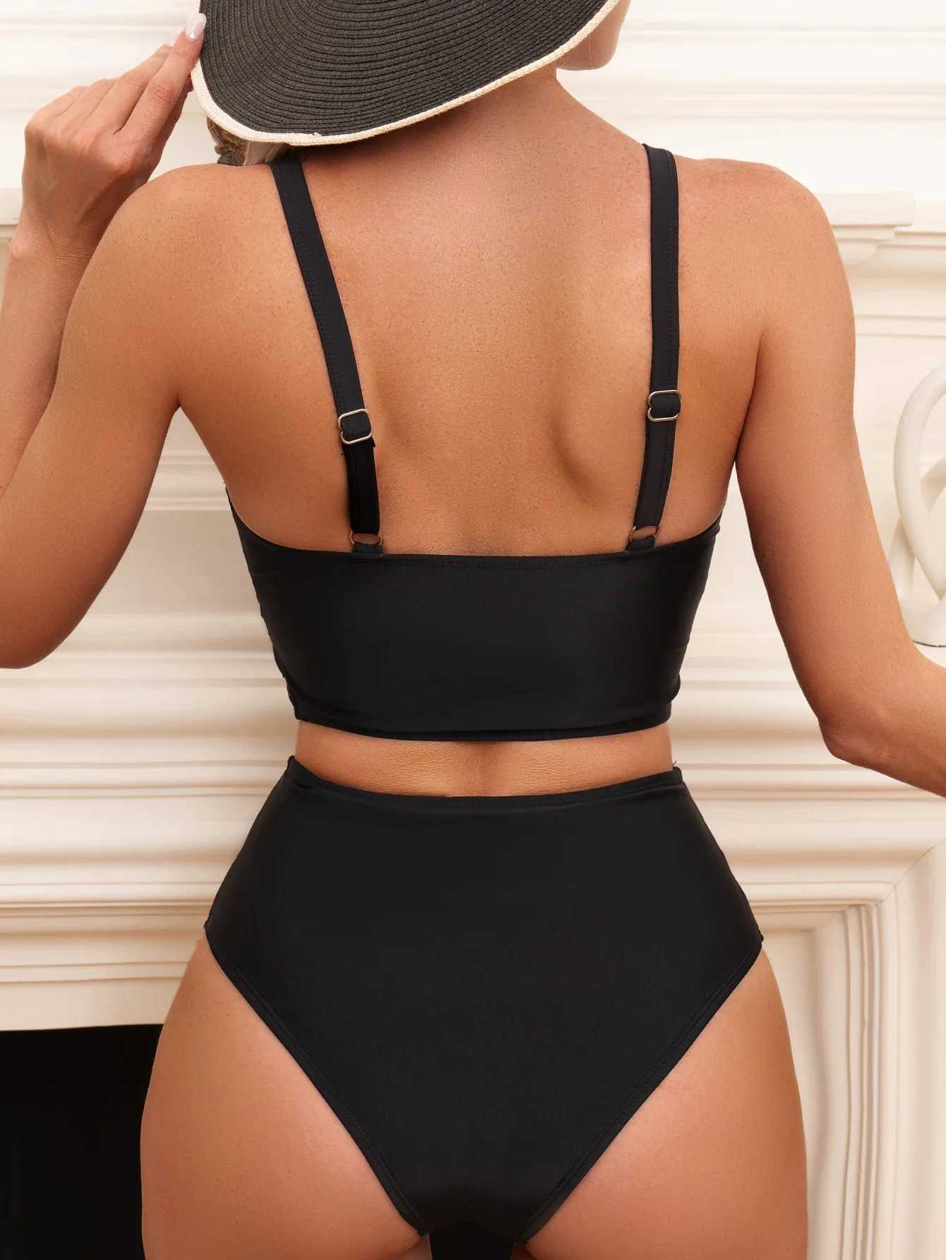 Summer Women V Neck Black Bikini Set High Waist Straps Swimwear for Women Backless 2 Piece Beach Swimsuit Bathing SuitXJ250120