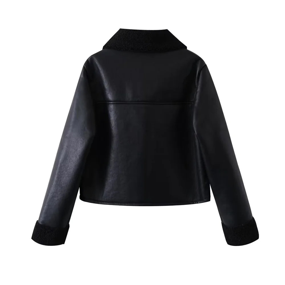 PB ZA winter womens simple high-end fashion black fur collar double-sided jacket pocket decoration long-sleeved coat 250122