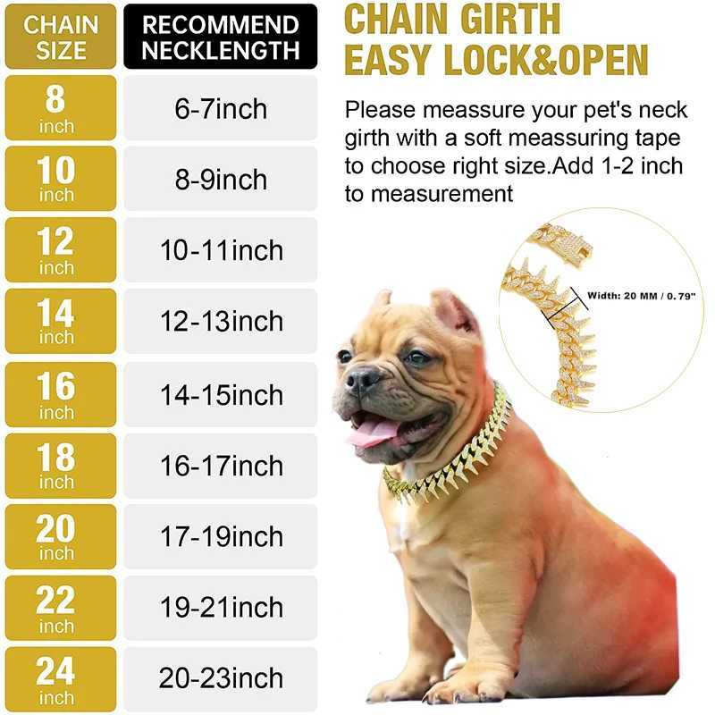 13mm Bling Diamond Chain Dog Cat Collar with Spiked Rivet Design Luxury Gold Cuban Link Dog Collar for Small Medium Large Dogs X250129