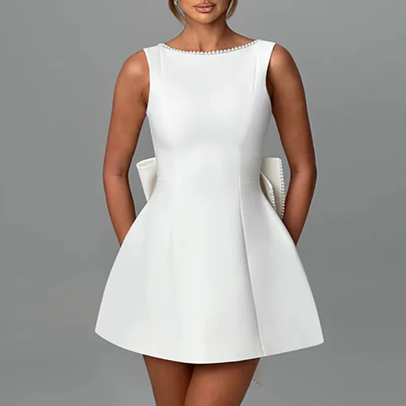 Sexy Hollow Out Backless Bow Party Dress Fashion O Neck Waist Solid Short Dress Pearl Patchwork Slim Women A-line Dress Vestidos 250113