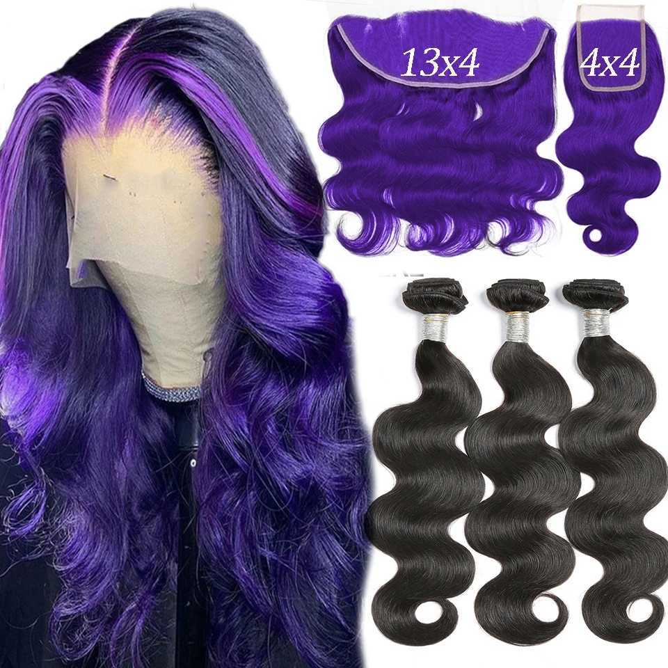 Highlight Purple 100% Raw Body Wave Bundles with Clo Frontal Peruvian Body Wave Bundles with Clo 4x4 HD Transparent LaceXJ250120
