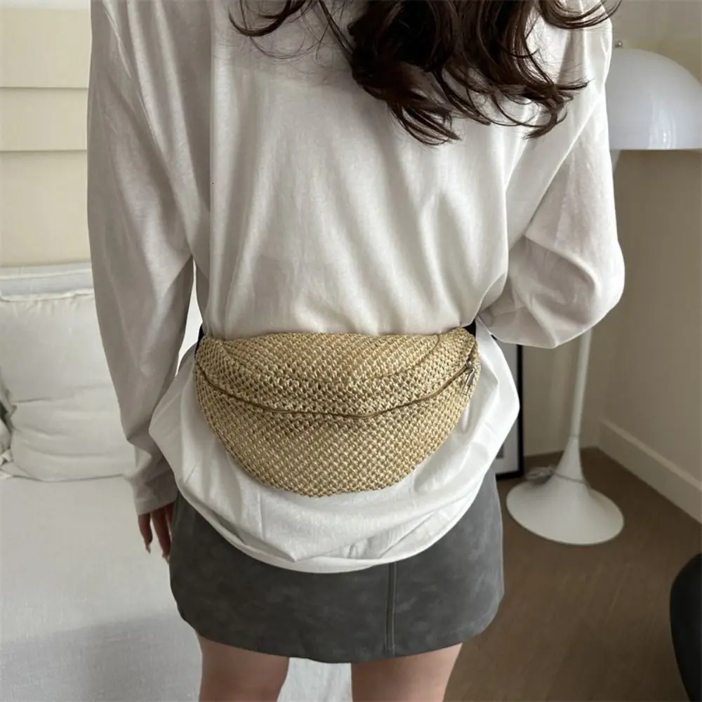 Half Moon Straw Woven Waist Bag Phone Anti-theft Handbag Large Capacity Portable Adjustable Sports Hiking Packs 250122