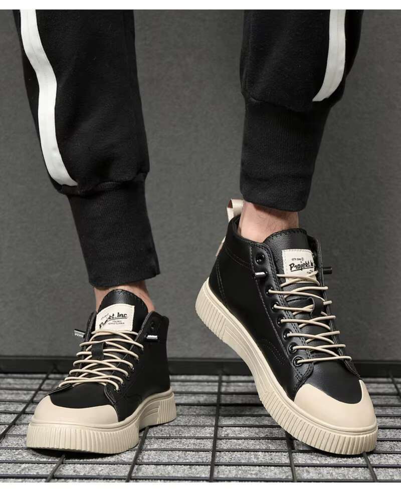 Men Causal Shoes for Spring Summer High Top Lace-up Sneakers Stylish Black White Male Footwear Soft Leather Anti-skid Design