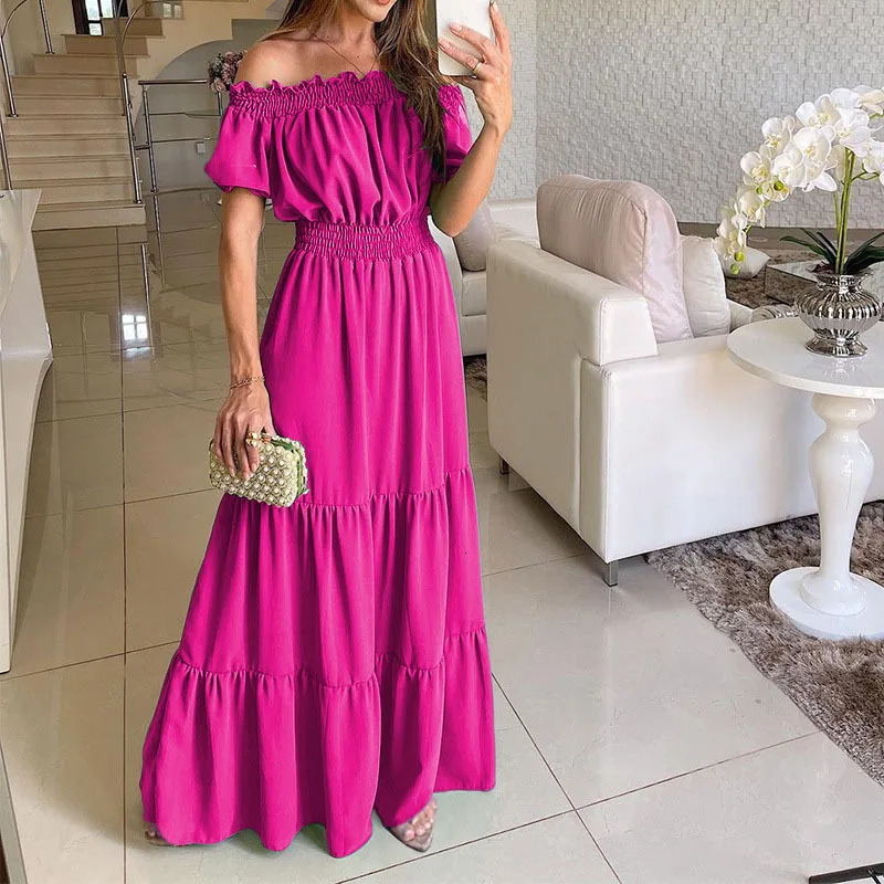 2025 Fashion Elegant Beach Party Dress Summer Solid Bohemian Short sleeved Long Skirt Ruffle Dress Womens Dress 250110