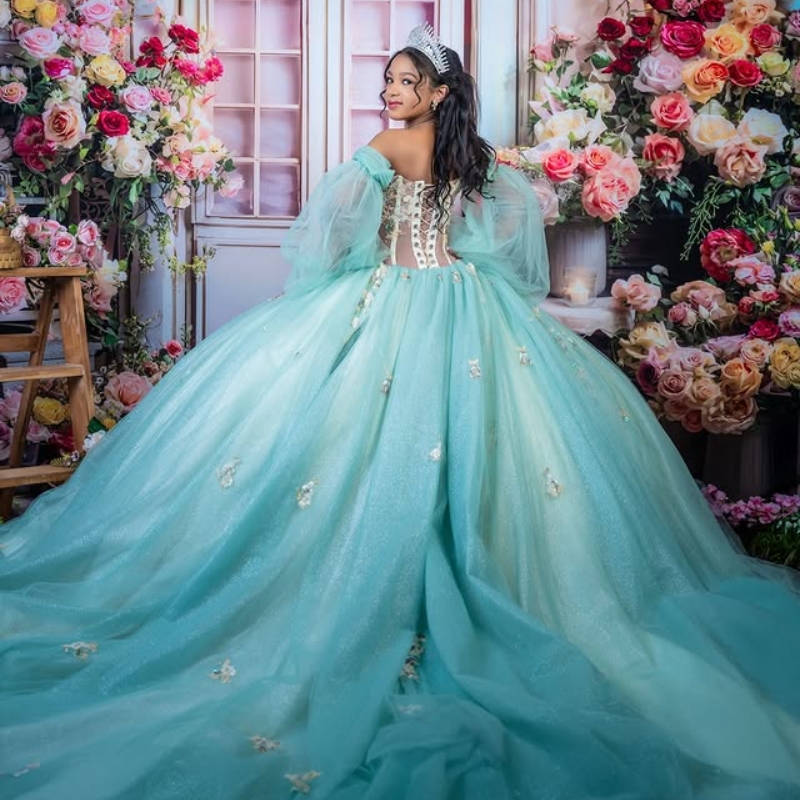 Mint Green Quinceanera Dresses Ball Gown Off Shoulder Appliques Lace Beading Crystal Tull Puff Sleeve Birthday Payty Sweet 16 Dress Vestidos