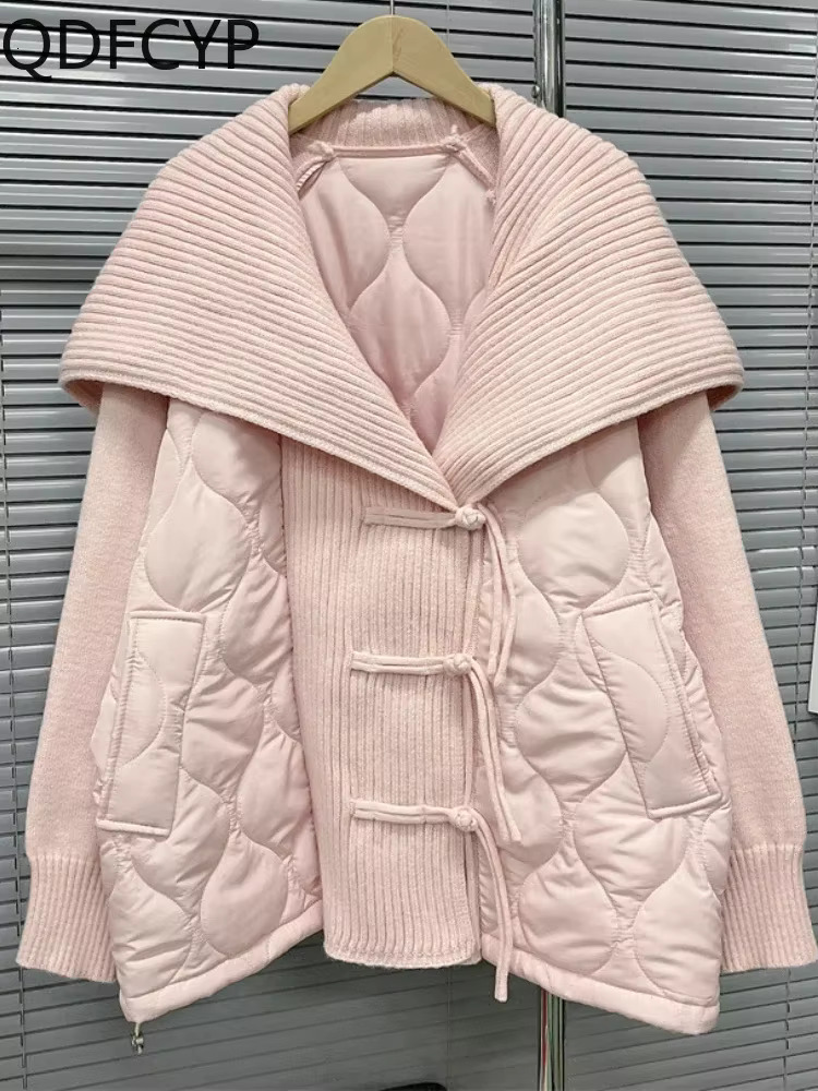 Women's Coats Autumn Winter 2024 New Loose Sweet Knit Cardigan Jacket Elegant Lace-Up Thickening Cottonpatchwork Parka For Women