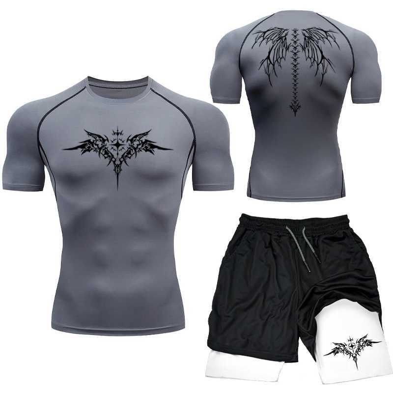 Compression Set Y2K Print Sportwear for Men Quick Dry GYM Shorts+Shirt 2PCS Quick Dry Rashguard Training Sport Suit 2024 New X250129