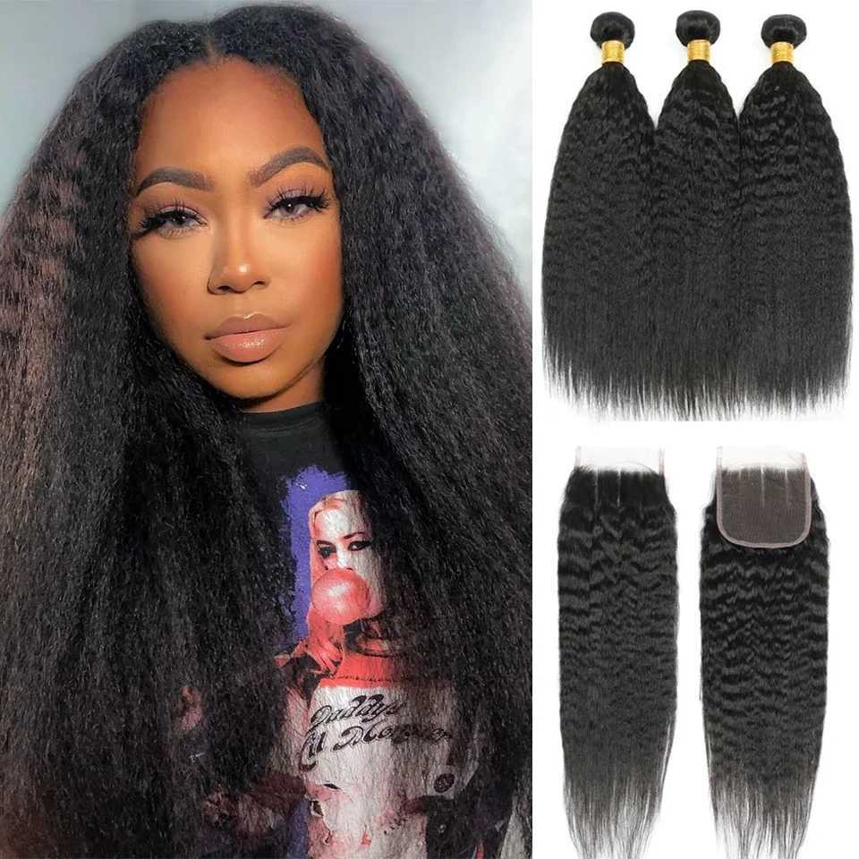Long 32 38 40Inch Remy Kinky Straight Human Hair Bundles With Lace Clo Yaki Straight Bundles Hair Weft With 4X4 Lace CloXJ250120