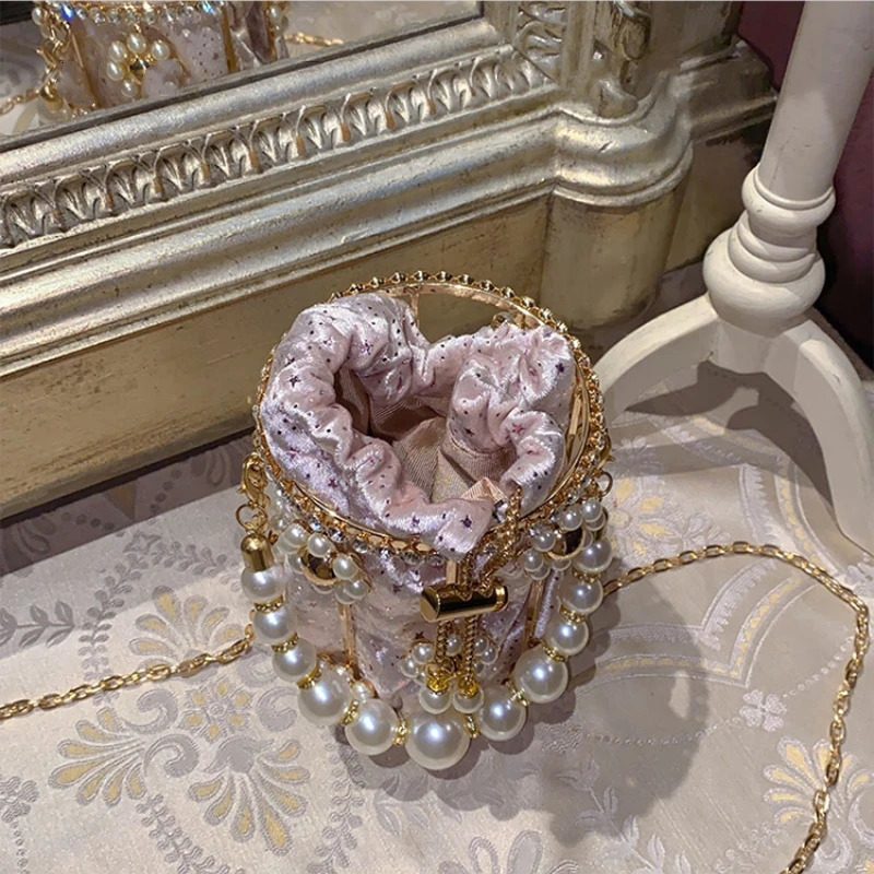 Metal Hollowed Out Rhinestone Basket Handbag Pearl Flowers Drawstring Chain Bucket Bag Beaded Handle Crossbody Evening Party Bag 250118