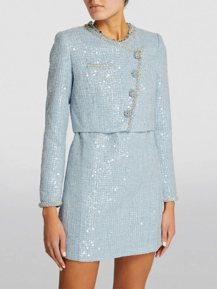 y2k springsummer round neck slant placket sequin drill button jackets for women high waist tweed midi dresses short sets 250113