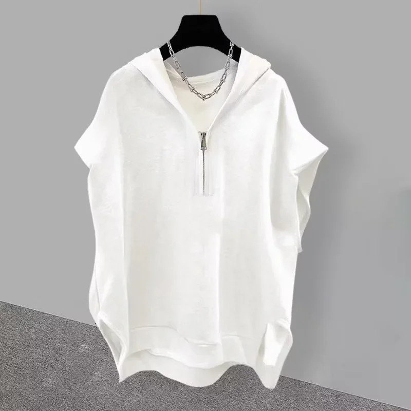 Summer Zipper Hooded Sleeveless Tshirt Mens Korean Fashion Tank Tops 2025 Y2K Streetwear Casual Vests Hip Hop Tee Shirts 250122