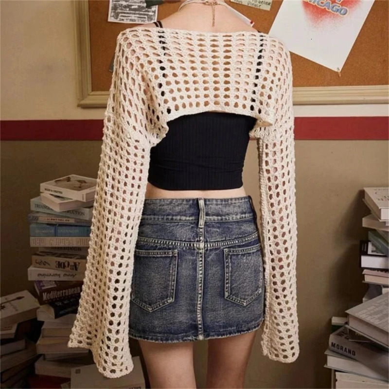 Womens Grunge-Crochet Knit See Through Crop Tops Cover Up Shrug Long Sleeve Neck Casual Cropped Smock Top Blouse 250122