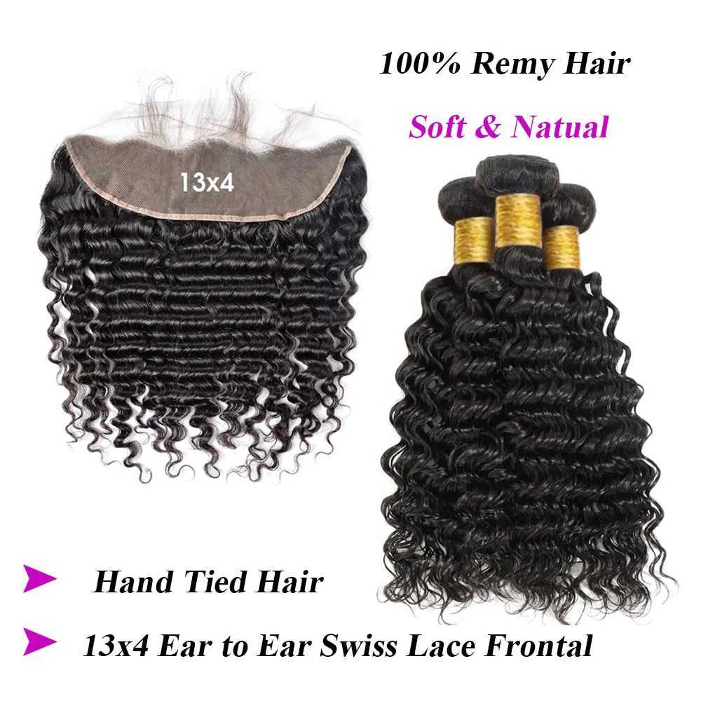 Deep Wave Human Hair Bundles with Clo 100% Unprocessed Virgin Human Hair 3 Bundles With Transparent Lace Frontal Natural 1BXJ250120
