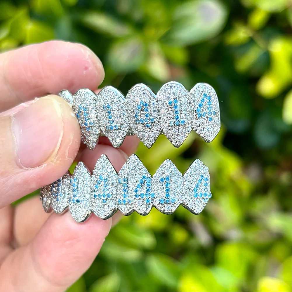 RACHELZ Hip Hop 8/8 Blue Number Zircon Teeth Grillz Top Bottom Fangs Full CZ Stone Tooth Caps For Women Men Body JewelryXJ250114
