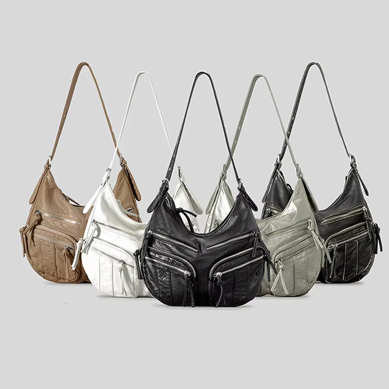 Vintage Multiple Pockets Motorcycle Hobos Women Shoulder Bags Soft Pu Leather Crossbody Bag Retro College Lessons Sac