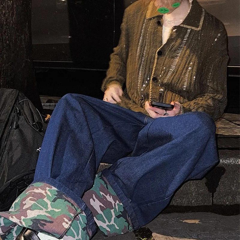 Casual Knitted Hollow Out Shirts Mens Vintage Long Sleeve Lapel Buttoned Knit Cardigan Tops Men Spring Fashion Solid Color Shirt 250118