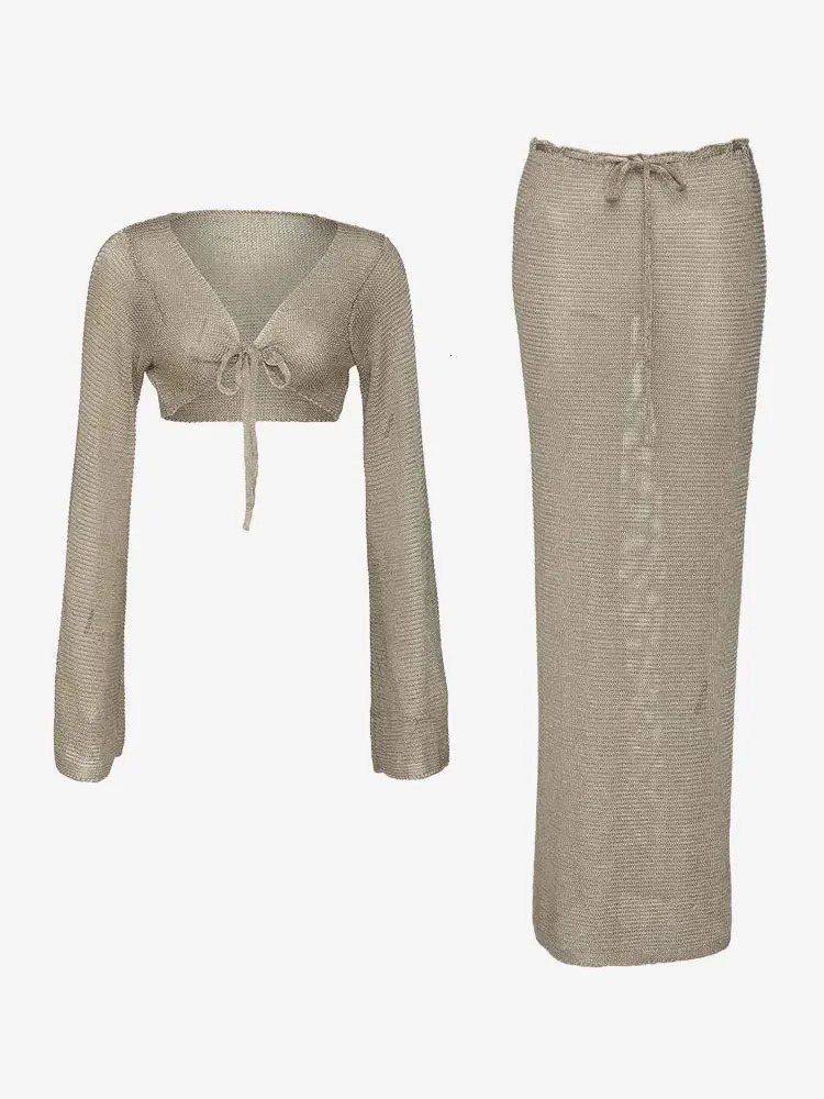 Sexy Metallic Gold Tank Top Long Skirt Knit 2 Piece Wrap Hip Long Skirt Knit 2 Piece Set Vacation Club Party Clothing S145 250113
