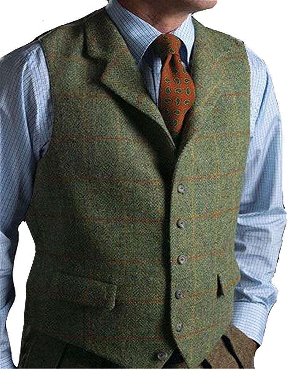 Mens Vest Green Tweed Wool Waistcoat Slim Fit Lapel Plaid Suit Herringbone Tuxedo for wedding custom 250114Z