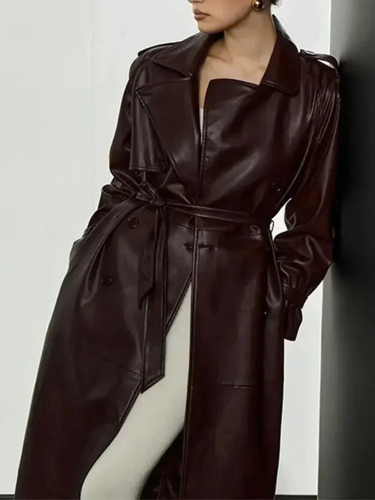 FANAN Womens Fashion Belt Button Pu Leather Jacket Loose Collar Long Sleeve Burgundy Jacket 2025 Spring Business Jackets 250118