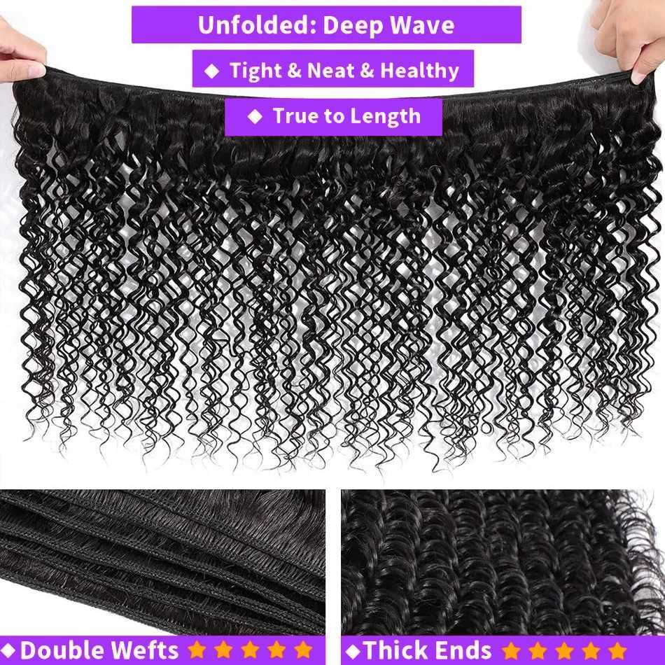 100% Human Hair Bundles with Clo Frontal Brazilian Deep Wave Hair Extensions and 13x4 Lace Frontal Curly Human Hair WeavingXJ250120