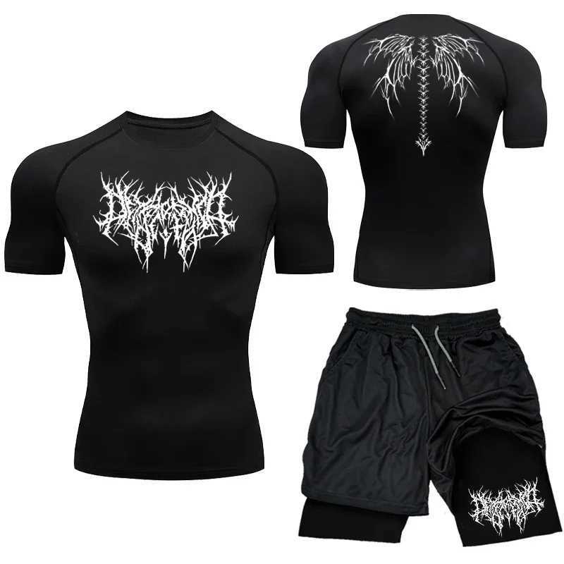 New compression set Y2K printing mens sportswear quick drying gym shorts+shirt 2PCS running exercise summer Rashguade sportswear X250129