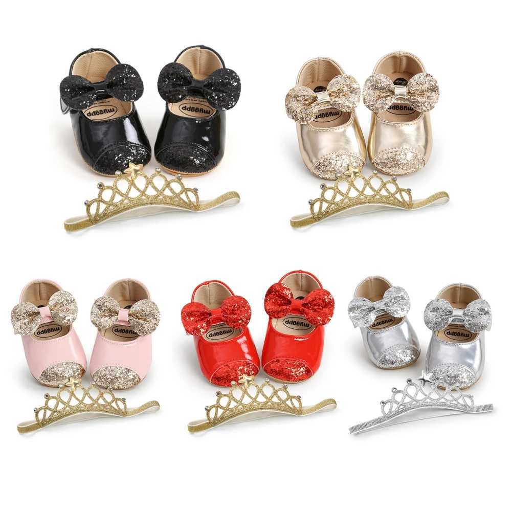Baywell Baby Girl Shoes + Hair Band Infant Toddler Fashion PU Sequins Bowknot Non-slip Princess First Walker Baptism Shoes X250129
