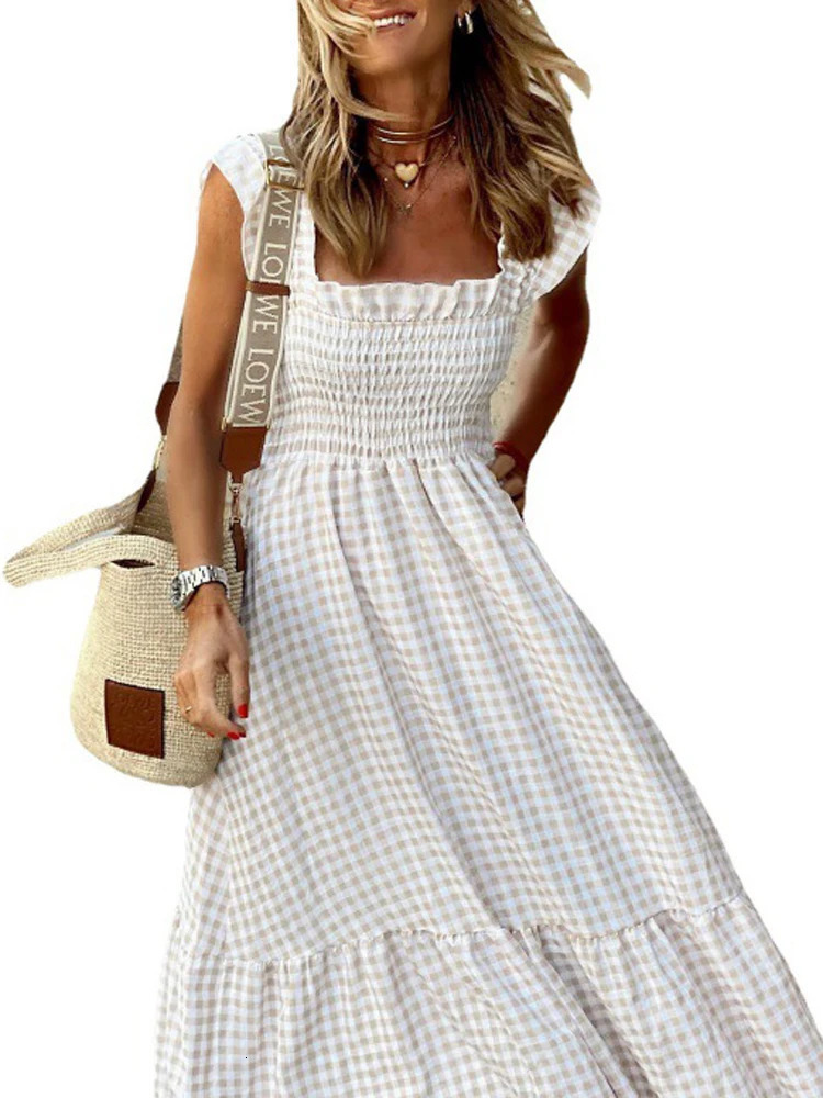 Elegant Plaid Slip Maxi Long Dress Summer Women Strapless Ruffle Backless Pleated Elastic Waist Boho Party Swing Loose Dresses 250113