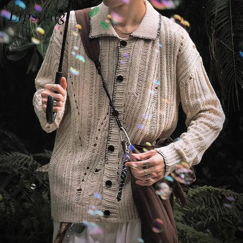 Casual Knitted Hollow Out Shirts Mens Vintage Long Sleeve Lapel Buttoned Knit Cardigan Tops Men Spring Fashion Solid Color Shirt 250118