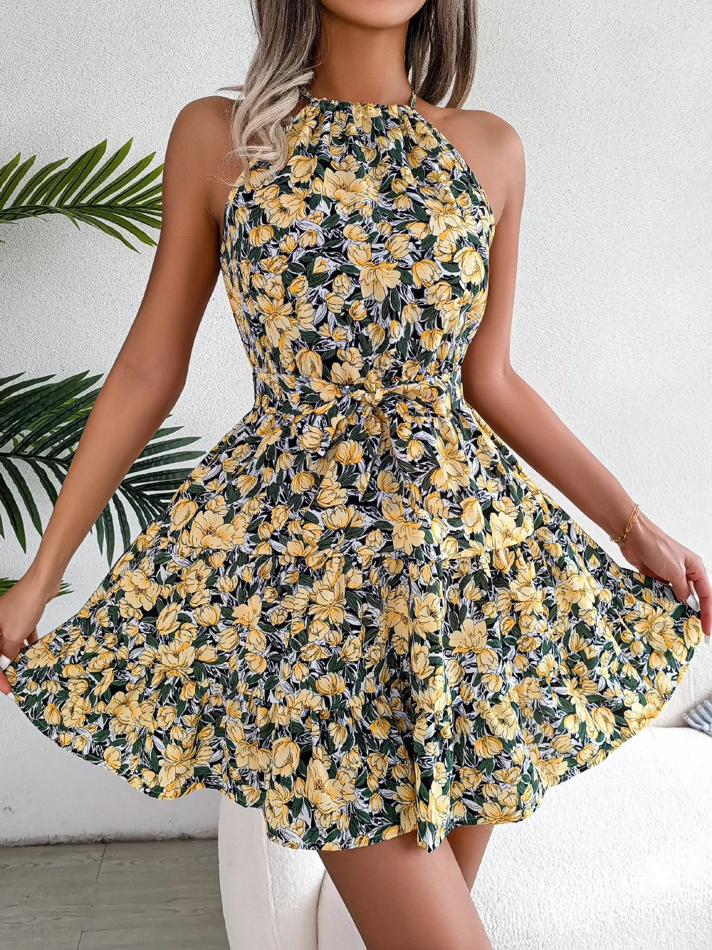 Women Summer Casual Floral Print Ruffle Halter Dress 250122