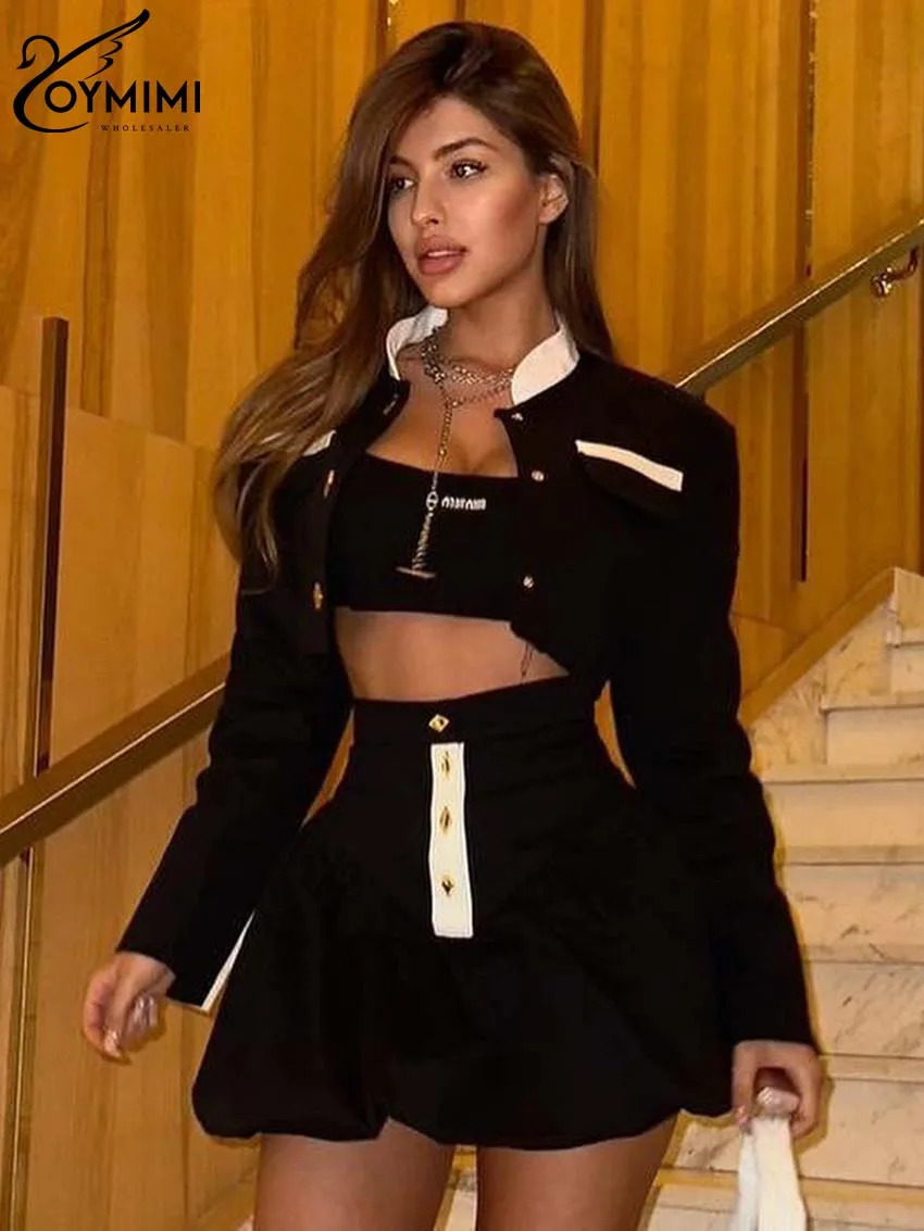 Oymimi Fashion Black Patchwork Two Piece Set For Women Casual Long Sleeve Button Pockets Crop Shirts High Waist Mini Skirt Set 250121