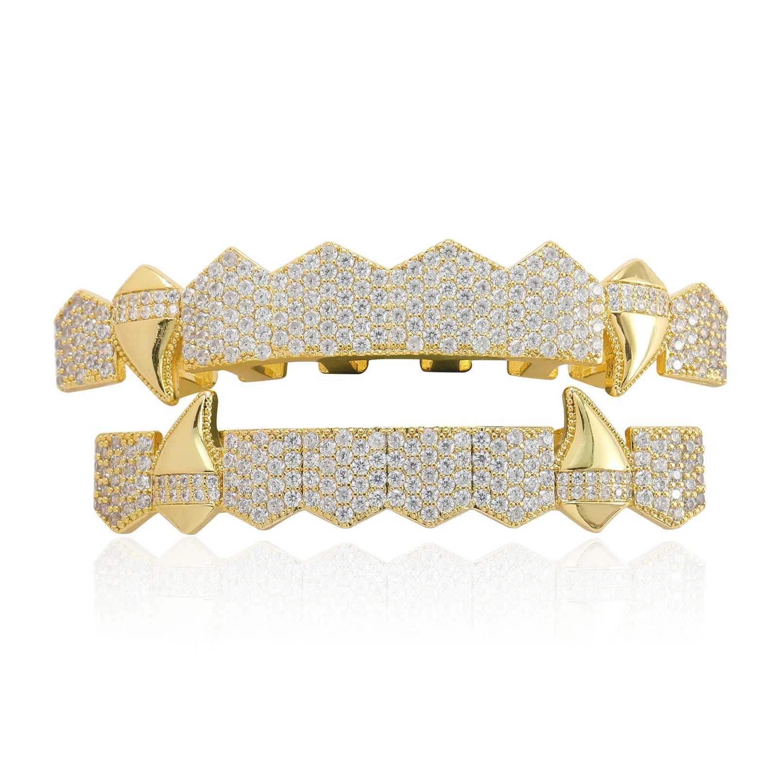 Gold Color Full CZ Teeth Grillz Caps Cubic Zircon Iced Out Micro Pave Top Bottom Charm Grills Set For Men Women Hip Hop JewelryXJ250114