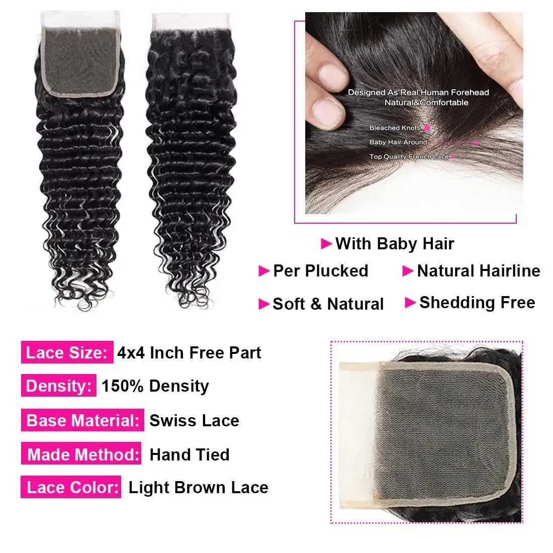 Bundles with Clo Deep Wave Brazilian Virgin Hair 3 Bundles with 4x4 HD Lace Clo With Baby Hair Natural Color Deep CurlyXJ250120