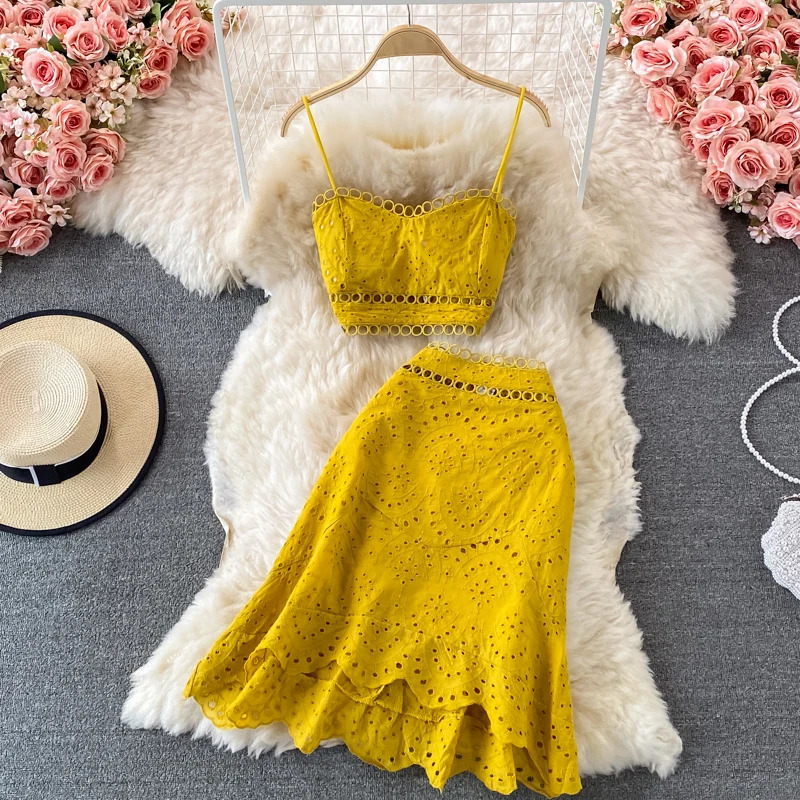 Summer Elegant Casual Fashion Skirts Suit Women Hallow Out Sleeveless Tanks Tops A-Line Saya Two Pieces Set Female Outfits 250113