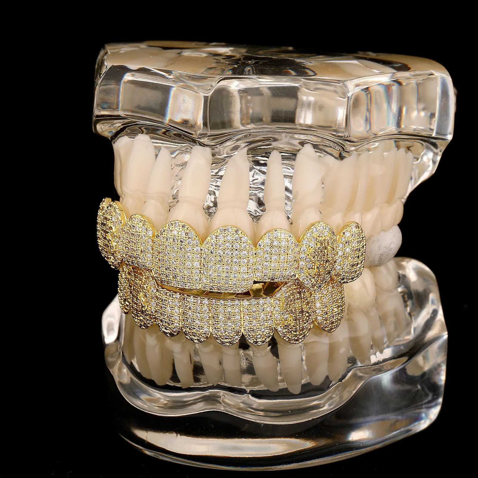 Hip Hop 8/8 Full CZ Teeth Grillz Caps Cubic Square Zircon Iced Out Micro Pave Top Bottom Charm Grills Set For Men Women JewelryXJ250114