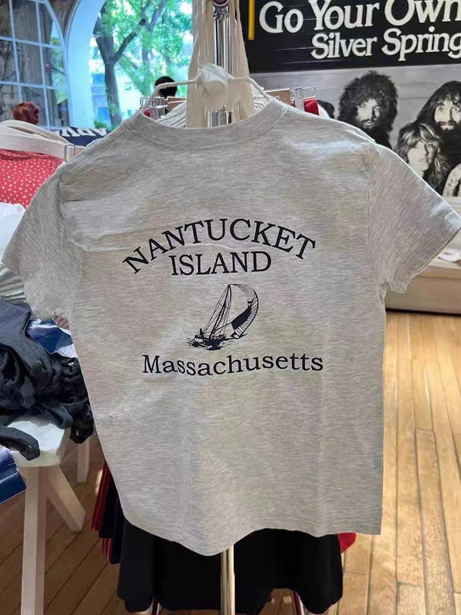 American Vintage Letter Print Short Sleeve T-shirt for Woman Summer O-Neck Soft Cotton Tee Shirt Chic Casual Graphic Tops 250118